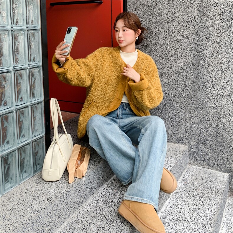 美拉德皮毛一体毛毛外套女冬季新款韩系简约宽松加厚圆领棉服潮,女装皮衣,2C307