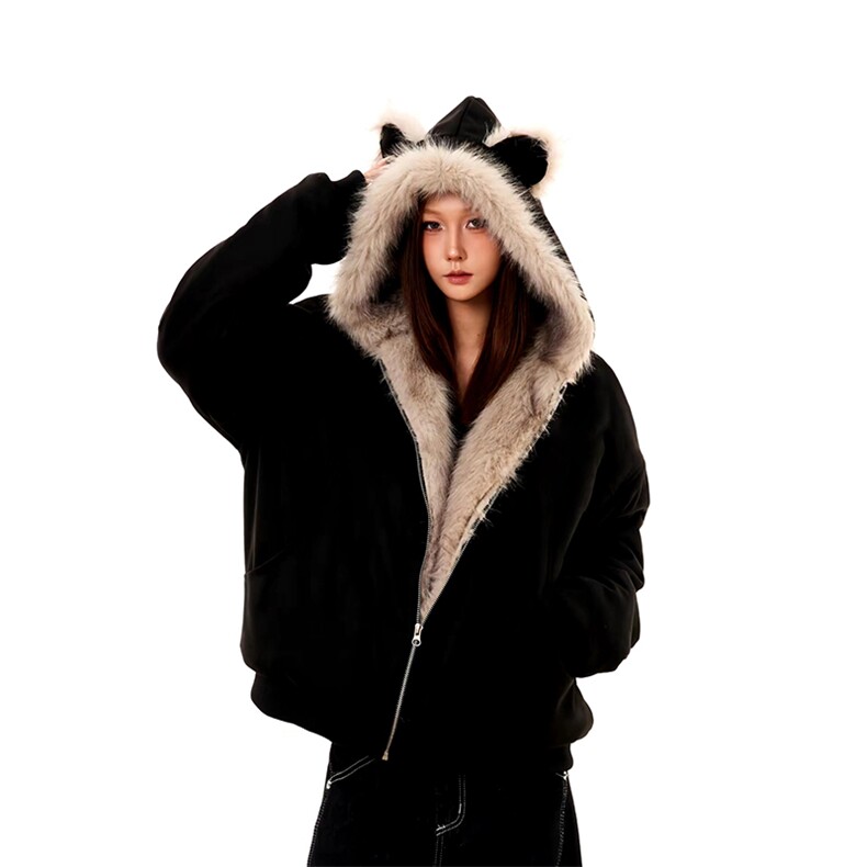 现货重磅硬挺boxy羽绒棉衣座山雕猫耳大毛毛领麂皮棉服冬外套，男装棉衣，电商A486-1