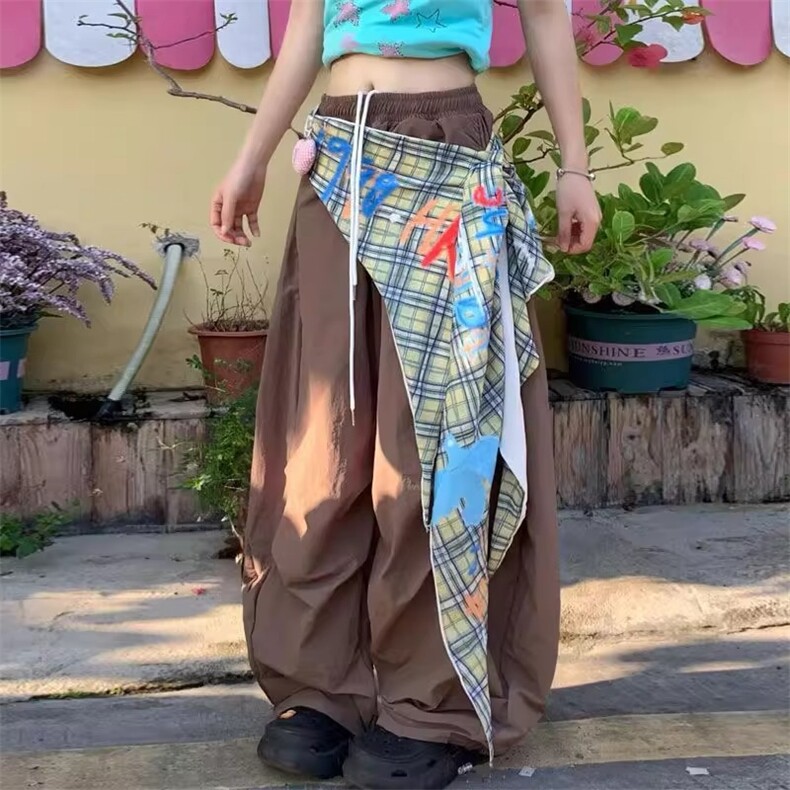 复古辣妹格子屁帘拼接设计感阔腿裤女夏宽松褶皱工装伞兵裤,女装休闲裤,星座1210-1