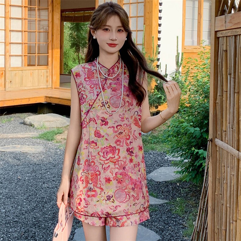 2025年夏季新款新中式古风高级感气质减龄无袖短裤两件套,女装套装/套裙,心心服饰
