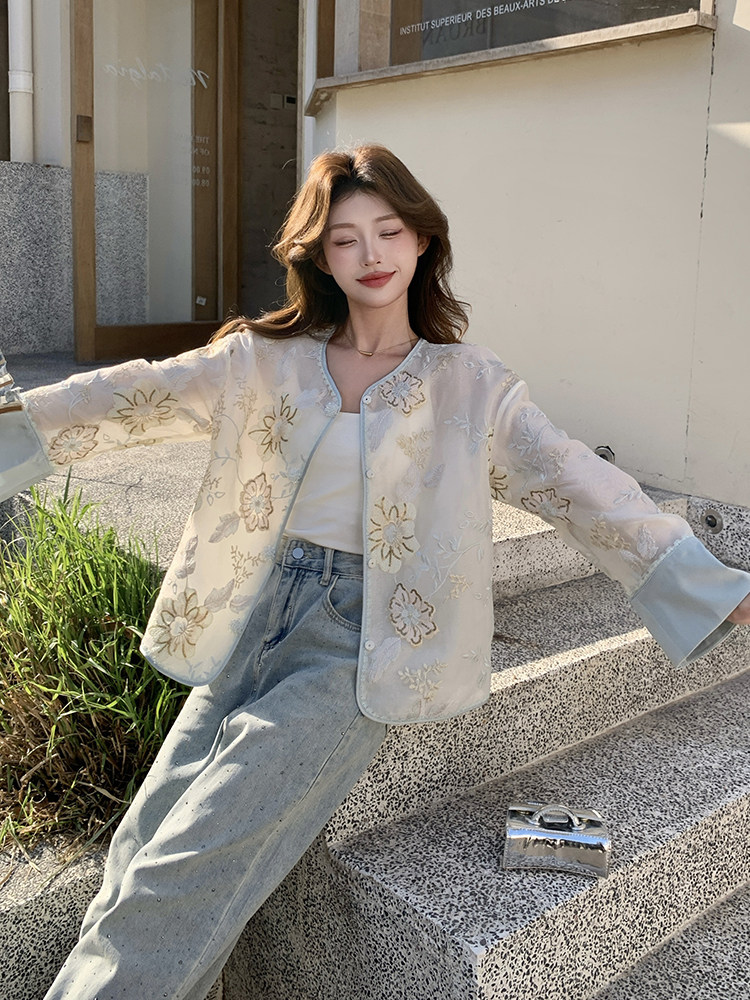 新中式提花刺绣欧根纱防晒外套女2025春夏新款高端洋气设计感开衫,女装短外套,浙宝208A