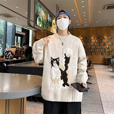 日系复古chic港味软糯猫咪毛衣外套男女秋冬小众oversize针织上衣，男装针织衫/毛衣，星座410-7