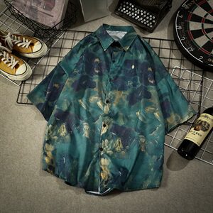 CS20-P45   夏装油画印花冰丝半袖衬衫男士宽松大码胖子短袖衬衣图片