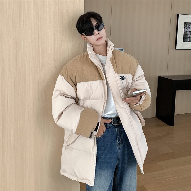 港风立领灯芯绒拼接撞色棉衣男成分：聚酯纤维8718P128控168，男装棉衣，星座227-7