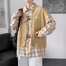 春秋潮牌ins格子拼接长袖工装衬衣假两件衬衫男外套W4871-P43，男装夹克，星座512-2
