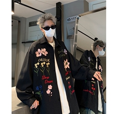 2024美式复古华夫格彩色花卉刺绣长袖衬衫情侣上衣男女H980P78，男装衬衫，电商A341