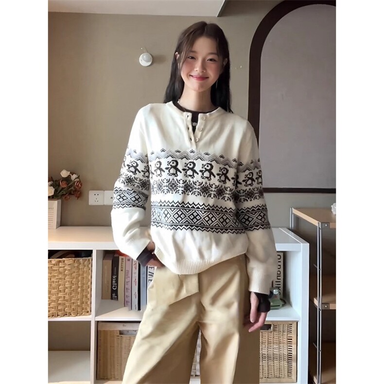 费尔岛复古花纹毛衣女秋冬慵懒风企鹅提花圆领针织衫宽松休闲上衣,男装针织衫/毛衣,星座516A