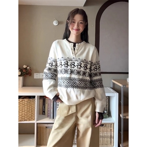 费尔岛复古花纹毛衣女秋冬慵懒风企鹅提花圆领针织衫宽松休闲上衣