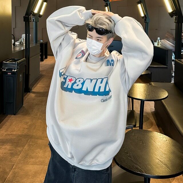 美式复古撞色三条杠卫衣女春秋潮牌圆领oversize情侣上衣,男装卫衣,星座716-2