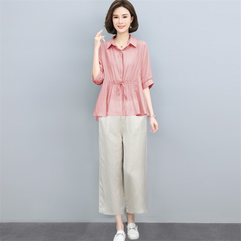 (新款)2024年夏天丝棉麻两件套女中老年妈装T恤阔腿裤三年不下架,女装套装/套裙,璐依舞