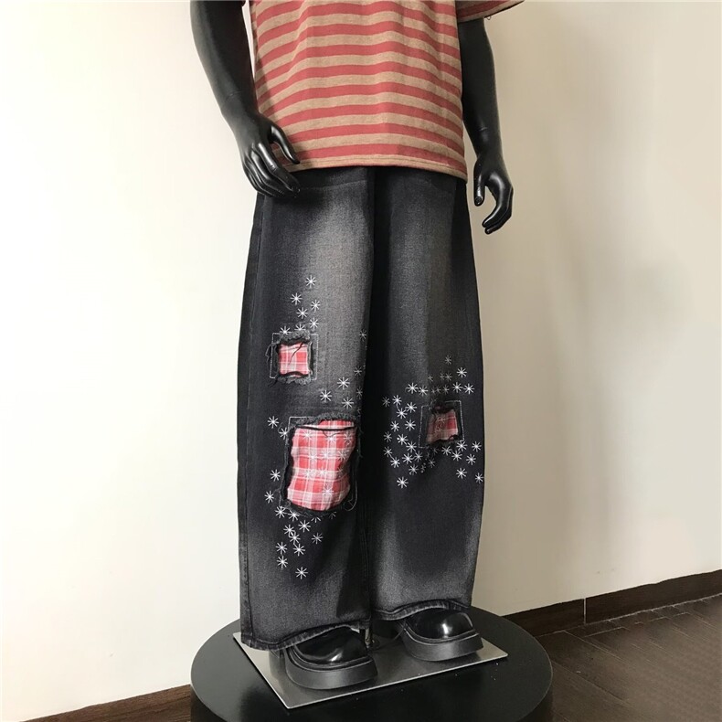 1506/QB1670/P57小众设计破洞补丁子拼接宽松阔腿微喇直筒裤子,男装休闲裤,星座1506