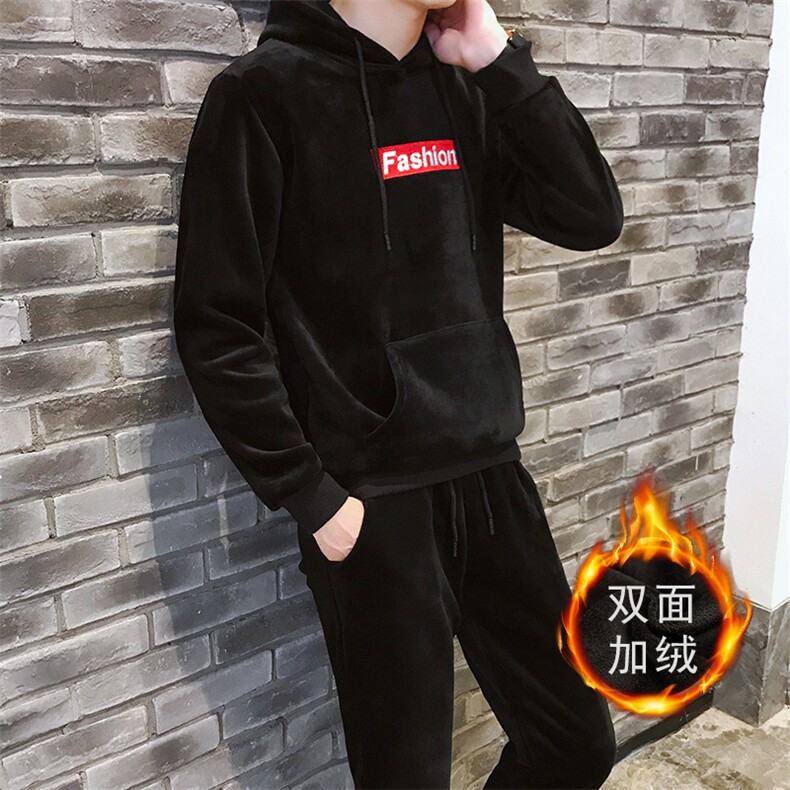 秋冬加绒加厚运动休闲两件套连帽金丝绒卫衣套装男TZ33,男装卫衣,电商A441