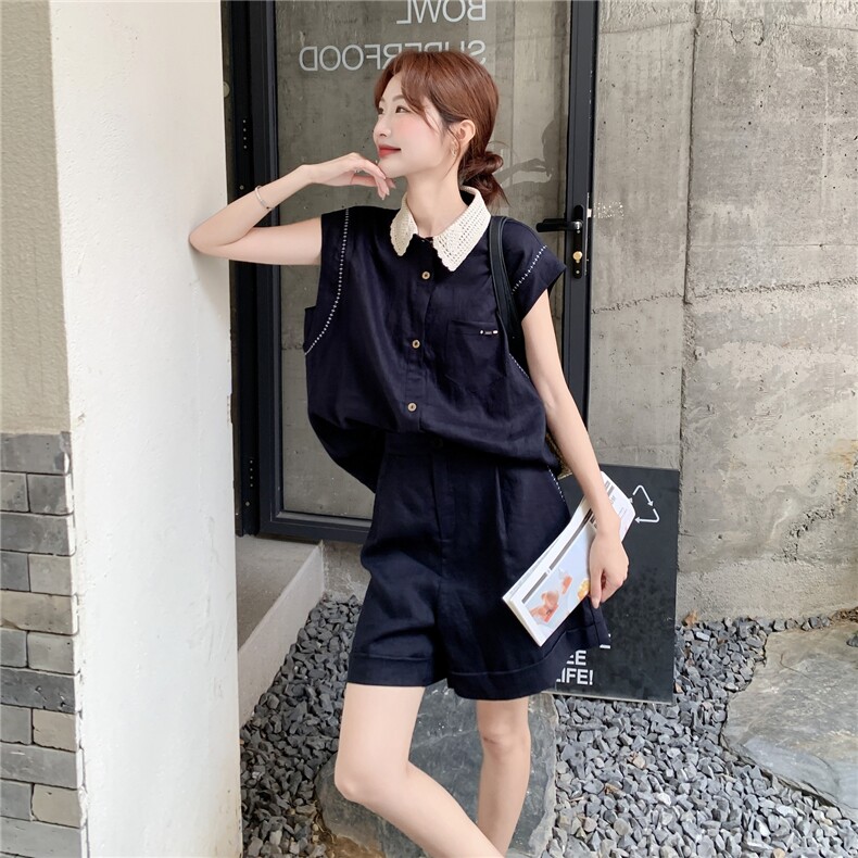 盐甜系穿搭薄款牛仔衬衫套装女夏季新款休闲宽松小个子短裤两件套,女装套装/套裙,2C258