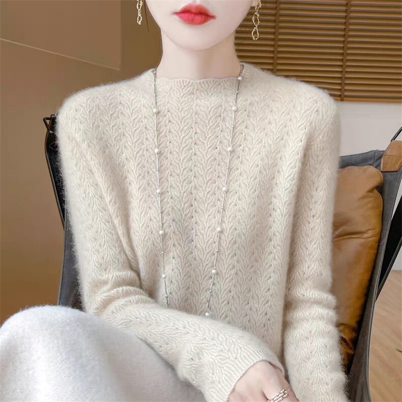 半高领菱形提花加厚100%羊毛衫女2024秋冬宽松慵懒羊绒衫打底上衣,针织衫/毛衣,昂家羊绒