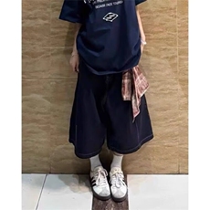 复古丝巾拼接牛仔七分裤男女夏季街头嘻哈阔腿五分裤NB050，男装牛仔裤，星座1116A（原606A-3）