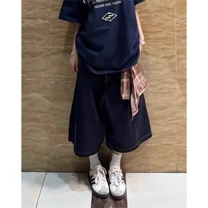 复古丝巾拼接牛仔七分裤男女夏季街头嘻哈阔腿五分裤 NB050图片