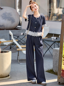 法式时尚蕾丝拼接套装女2025夏新款高级感韩系气质穿搭阔腿裤套装图片