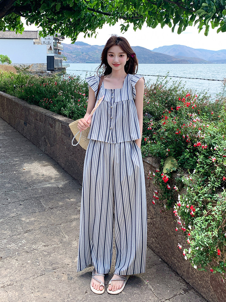 少女风休闲条纹上衣阔腿裤套装女夏2025新款爆款高级感绝美两件套,女装套装/套裙,浙宝276（原081）