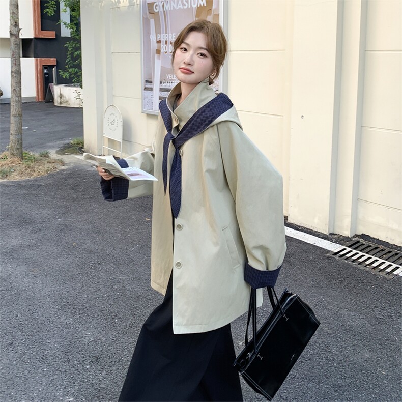 休闲减龄可拆格纹连帽风衣外套女春秋2025新款小个子流行爆款大衣,女装风衣,2C170