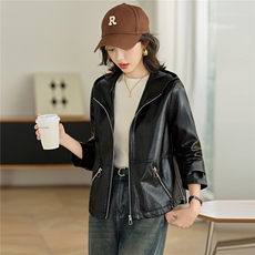皮衣外套女2025春秋季新款小个子美式休闲短款百搭连帽机车服夹克，女装皮衣，缘衣格