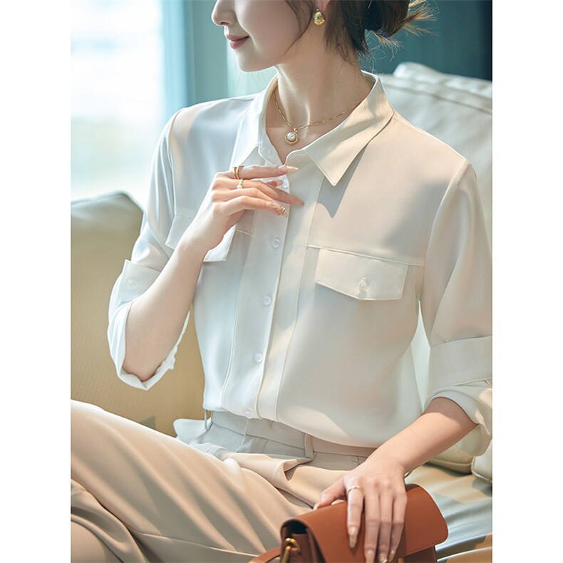 2025年夏季修身型百搭七分袖POLO领有内涵得缎面衬衫,女装衬衫,帝知娇羊绒