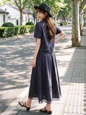 蕾丝拼接娃娃领系带上衣松紧腰半裙学院风套装女，女装套装/套裙，水衣源