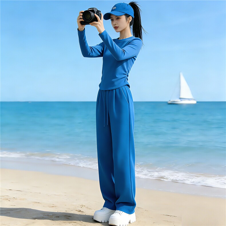 盐系高级感时尚气质套装女春季新款圆领长袖上衣阔腿长裤两件套潮,女装套装/套裙,江南