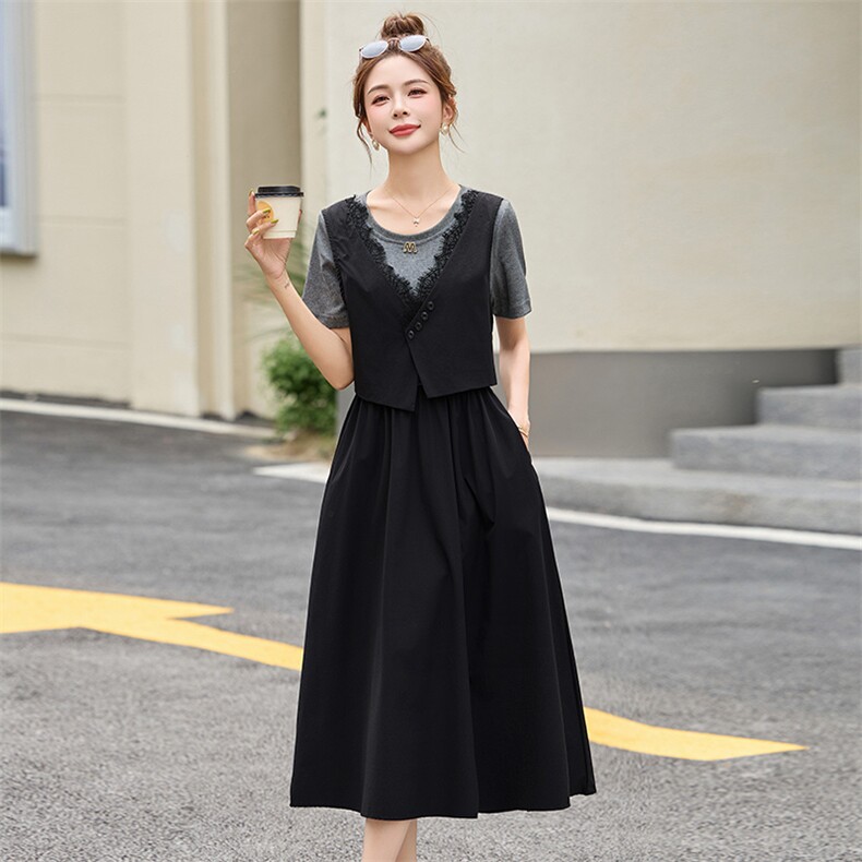 假两件短袖T恤马甲连衣裙女2025夏新款时尚休闲宽松显瘦减龄裙子,女装连衣裙,超帛