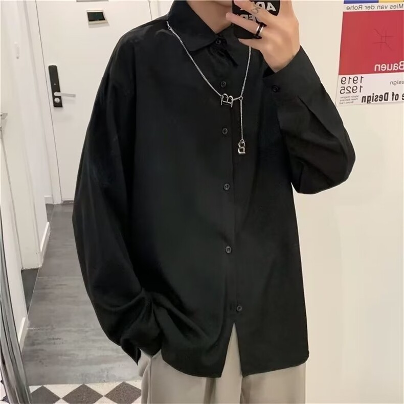 垂感白色衬衣男女炸街宽松休闲纯色简约长袖衬衫C607-P38,男装衬衫,星座1109-3