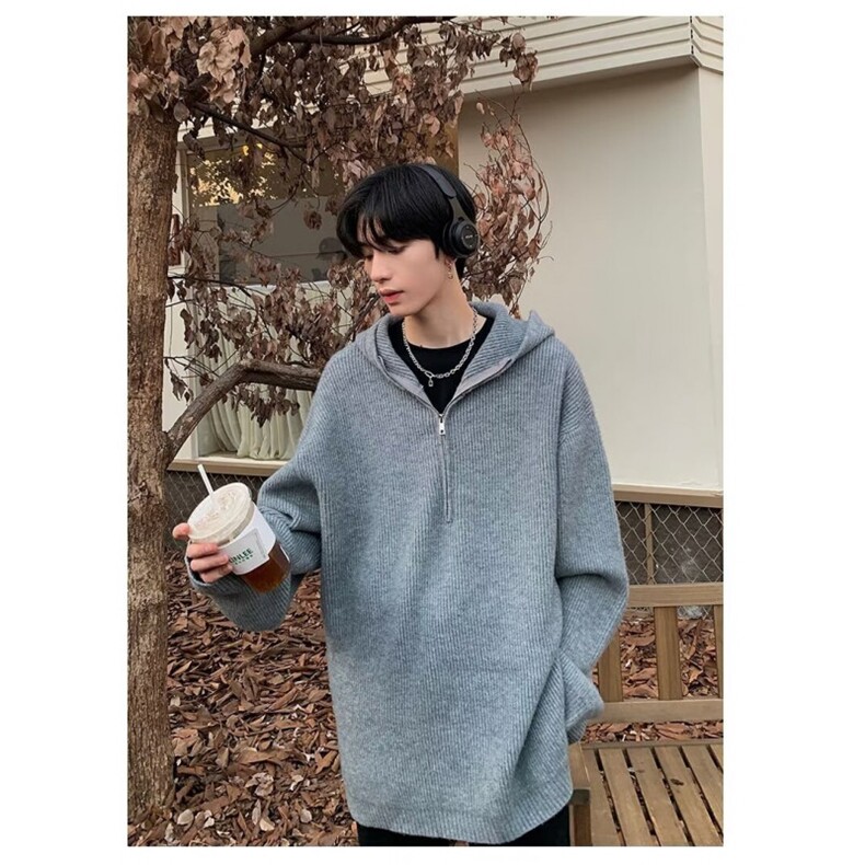 半拉链连帽纯色毛衣慵懒风卫衣秋冬潮牌宽松超火港风针织衫外套,男装针织衫/毛衣,星座506A