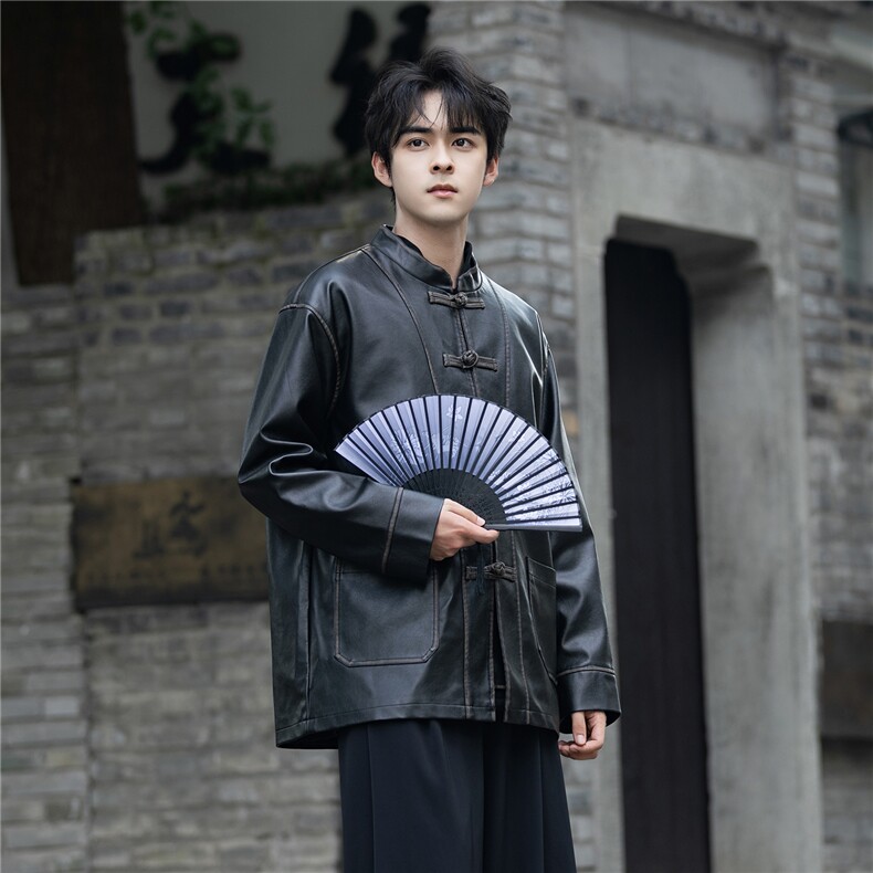 中古风潮PU皮手工擦皮工艺风立领大码宽松盘扣唐装外套JK203,男装民族服装,星座305A（原312A-1）