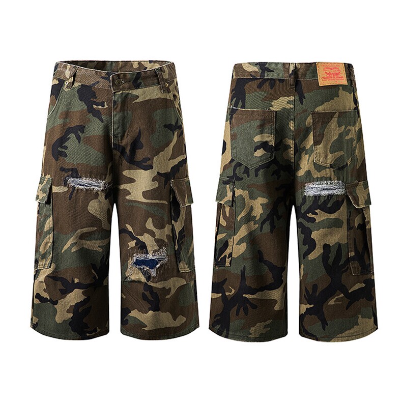 迷彩牛仔短裤男破洞补丁直筒工装休闲宽松七分裤FD3127P52,男装牛仔裤,星座1013-1