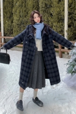 牛角扣格纹连帽双面呢大衣女2025冬新款复古学院风小个子毛呢外套，女装毛呢外套，慧尚2-185