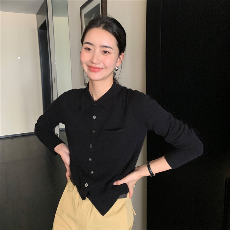 2025秋冬百搭时尚简约秋冬polo领纽扣开衫针织衫,女装羊绒衫,玛卡隆羊绒