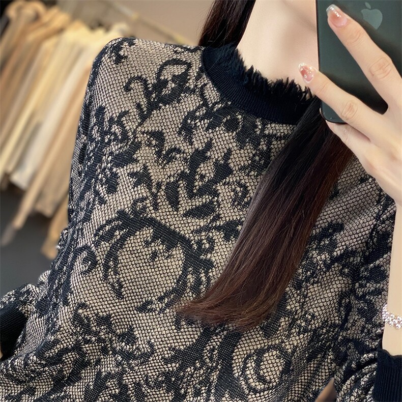 小众设计感半高领拼色提花长袖针织衫女气质时尚百搭打底保暖毛衣,针织衫/毛衣,暖烁羊绒