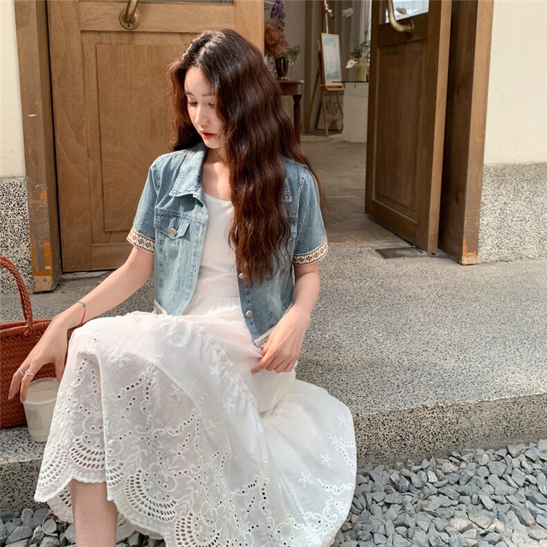 温柔韩系时尚套装女夏季法式度假风牛仔外套吊带蕾丝连衣裙两件套,女装套装/套裙,2C323