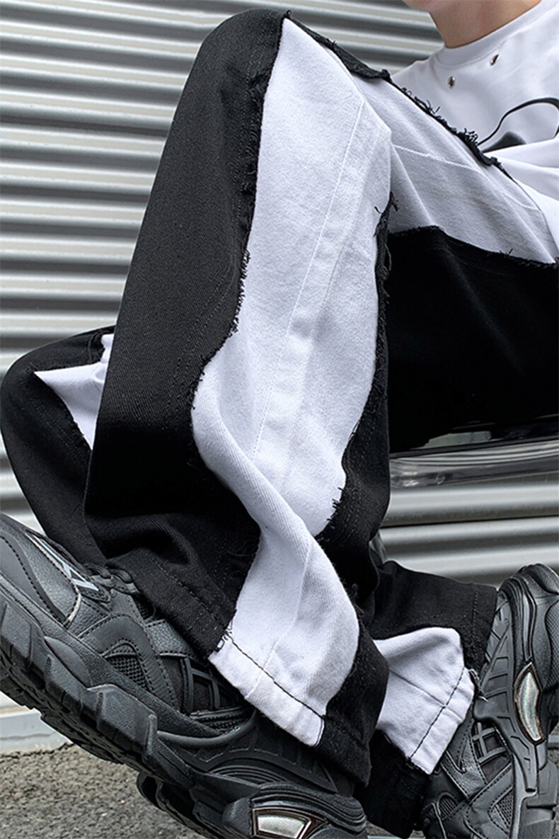 8XL-M特大码美式高街ins小众vibe鸳鸯黑白拼接直筒牛仔裤K929P60,男装休闲裤,电商D206-1