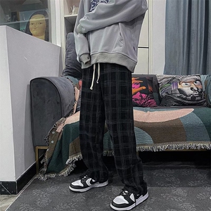 秋季中性格子裤男潮牌ins高街阔腿休闲裤宽松直筒裤子MK612-P33,男生的黑色毛衣怎么搭配图片