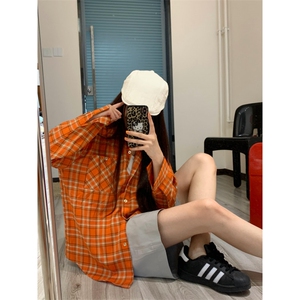 美式复古显白橘色格子衬衫外套女宽松防晒衬衣潮 CB408图片