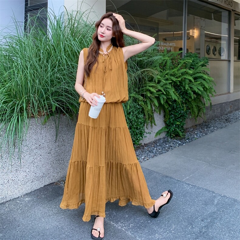 黄色无袖上衣半身裙套装女夏2025新款法式减龄气质长裙两件套爆款,女装套装/套裙,秋水欣儿