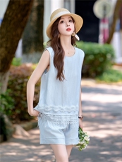 现货主推亚麻套装女夏新款的休闲减龄拼接蕾丝无袖短裤穿搭两件套，女装套装/套裙，韩美纤衣