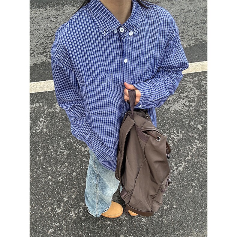 格子衬衫春夏美式蓝色格子衬衫港风情侣装休闲长袖衬衣CS276-P35,男装衬衫,星座301C-5
