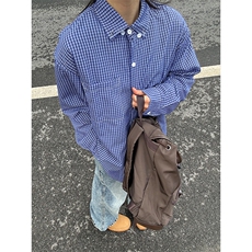 格子衬衫春夏美式蓝色格子衬衫港风情侣装休闲长袖衬衣CS276-P35，男装衬衫，星座301C-5