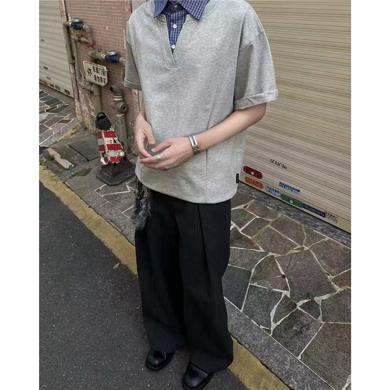 1303B-TB306-特价P4068假两件格子拼接结构翻领休闲短袖,男装T恤,星座1303B