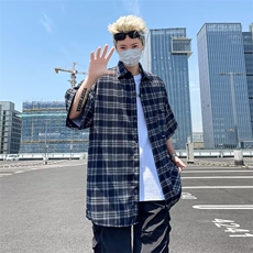 港风夏季格子短袖衬衫男装宽松文艺韩版衬衣外套上衣CY888-P43，男装衬衫，星座412-3