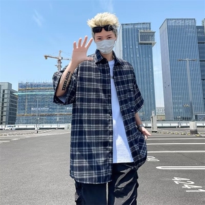港风夏季格子短袖衬衫男装宽松文艺韩版衬衣外套上衣CY888-P43图片