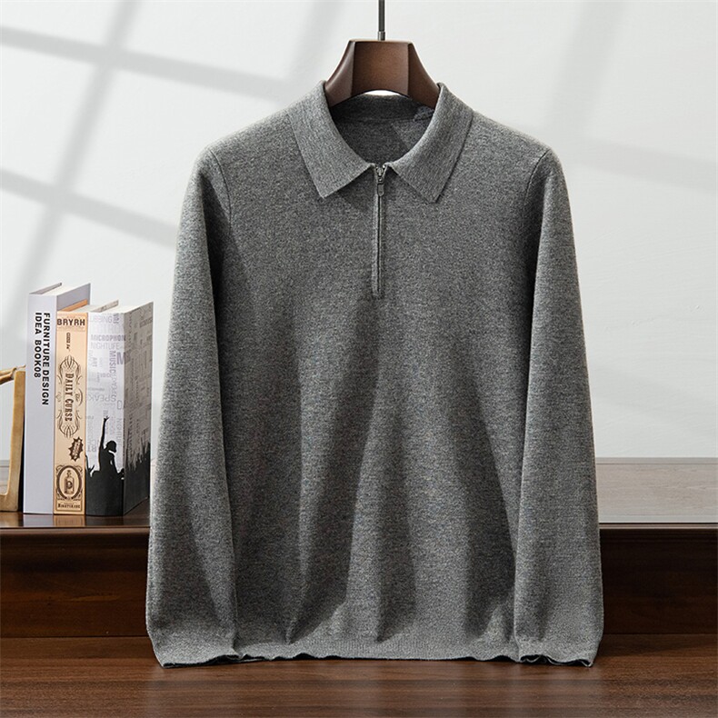 男士四平空转Polo领简约纯色套头时尚半开拉链羊绒衫，男装羊绒套衫，启东羊绒