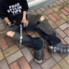 黑男美式复古水洗做旧宽松牛仔裤高街破洞直筒阔腿裤毛边拖地裤子，男装牛仔裤，星座601-2