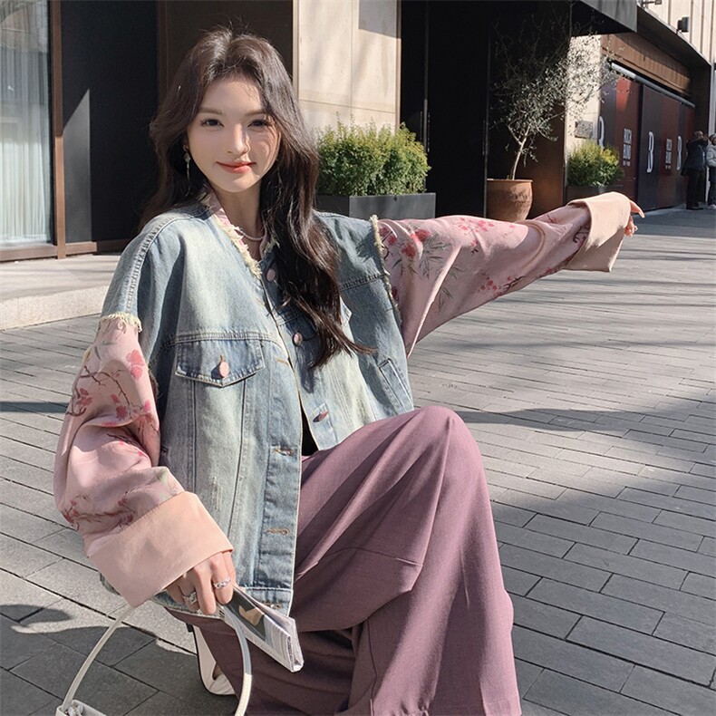 新中式撞色提花牛仔外套女2025春季新款小个子国风复古拼接短夹克，女装短外套，浙宝220