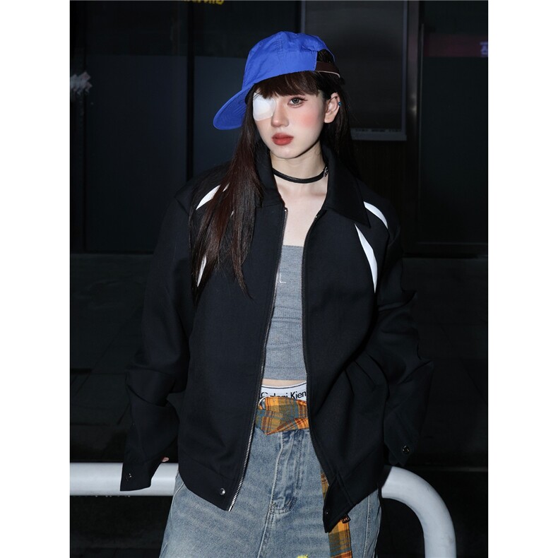 美式复古撞色拼接翻领夹克男女春秋款宽松休闲百搭情侣外套潮,男装夹克,星座516A